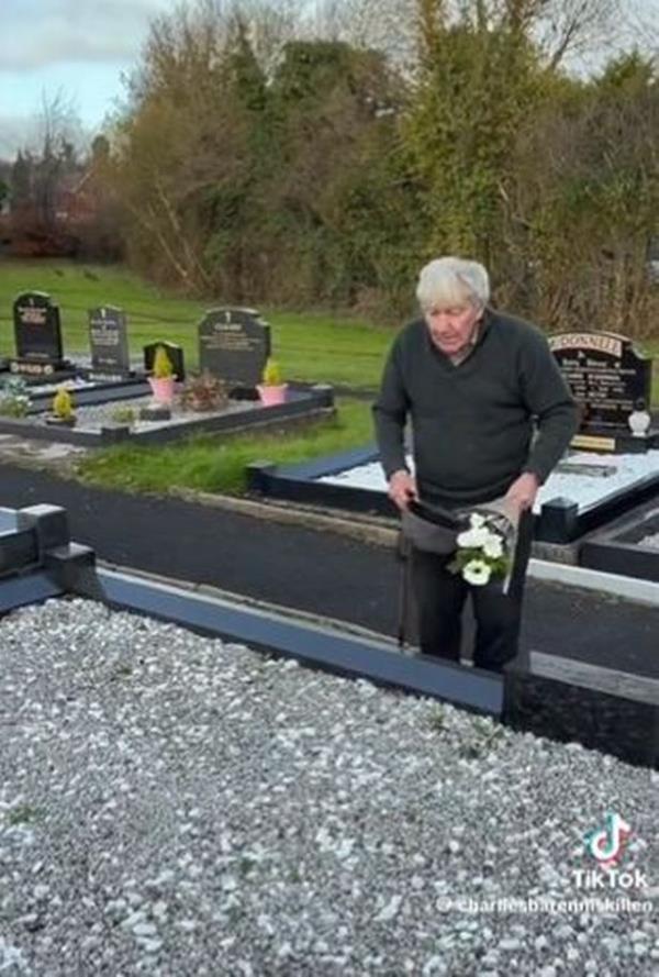 The video begins with an elderly man bringing a flowers to a grave