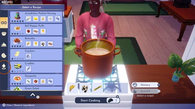 Player character cooking a recipe at a stove with added circle around quest recipe tab in Disney Dreamlight Valley
