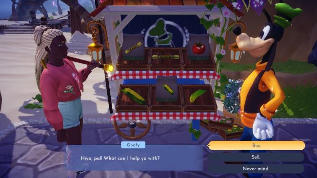 Player character shopping at Goofy's stall at Dazzling Beach in Disney Dreamlight Valley.