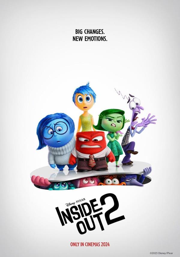 Anxiety smiling while Joy, Fear, and Disgust are scared in Inside Out 2