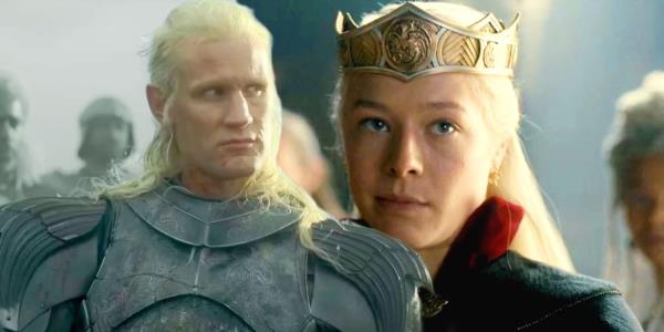 Matt Smith as Daemon Targaryen looking off to the side and Rhaenyra Targaryen smirking in House of the Dragon season 1