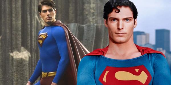 Christopher Reeves as Superman next to Brandon Routh in Superman Returns