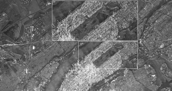 This image provided by Hanwha Systems Co. on April 18, 2024, and captured by its small synthetic aperture radar satellite shows Central Park in Manhattan, New York. (PHOTO NOT FOR SALE) (Yonhap)