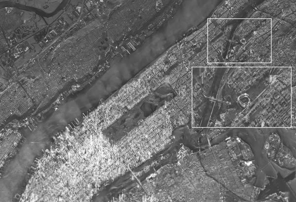 This image provided by Hanwha Systems Co. on April 18, 2024, and captured by its small synthetic aperture radar satellite shows Yankee Stadium in New York. (PHOTO NOT FOR SALE) (Yonhap)