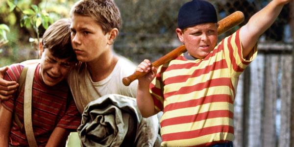 An image of the cast of Chris and Gordie hugging in Stand By Me and Hamilton preparing to bat in The Sandlot