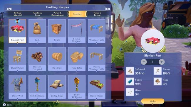 Player character showing off the Blanket Fort recipe in the crafting bench in Disney Dreamlight Valley.