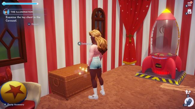 Player character standing next to toy chest inside Woody's carousel in Disney Dreamlight Valley.