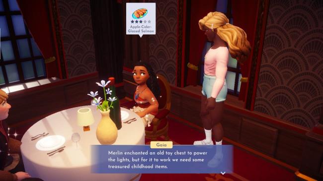 Player character speaking to Moana for quest item in Remy's restaurant in Disney Dreamlight Valley.