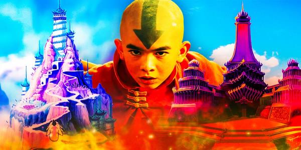 A collage of Aang, the southern air temple, and the fire palace in Avatar: The Last Airbender.