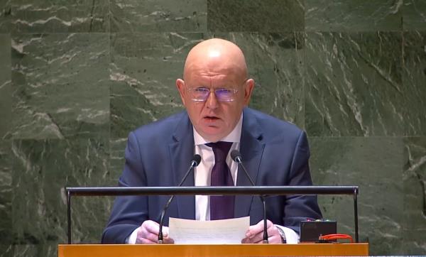 Russian Ambassador to the U.N. Vasily Nebenzya speaks during a plenary meeting of the U.N. General Assembly at U.N. headquarters in New York on April 11, 2024 in this photo captured from a livesteam on U.N. Web TV. (PHOTO NOT FOR SALE) (Yonhap)