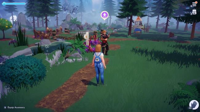 Disney Dreamlight Valley avatar with Kristoff showing a quest marker above his head. They are standing together in the Forest of Valor with a wooden footbridge to the left.