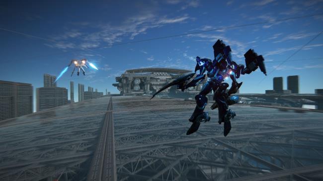 Player fighting Arqubus Heavy Calvary Armored Core 6
