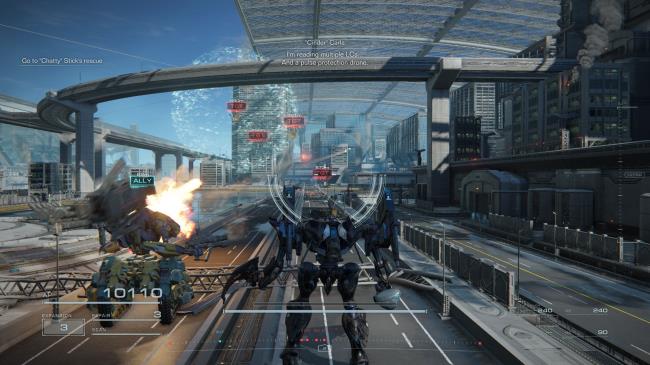 Player standing next to Chatty Stick with four targets ahead to take down in Armored Core 6