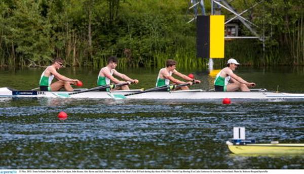 Team Ireland, from right, Ross Corrigan, John Keane, Alex Byrne and Jack Dorney compete in the Men's Four B Final during day three of the FISA World Cup Rowing II at Lake Gottersee in Lucerne, Switzerland. Photo by Roberto Bregani/Sportsfile