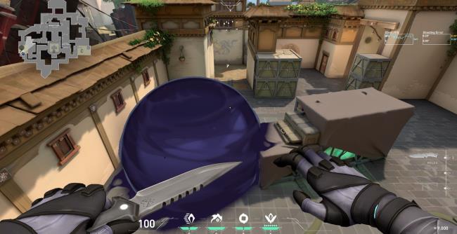 Omen casting a one-way short on the double stack of boxes up A Short, with allied Omen and Skye holding an enemy Jett through it. 