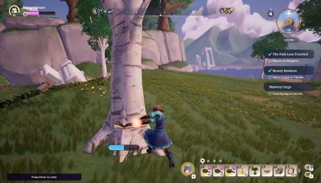 Player character cutting a Samara tree down in Kilima Valley in Palia. 