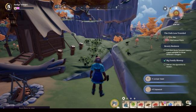 Player character standing with drop UI inventory showing a Juniper Seed and Sapwood in Palia.