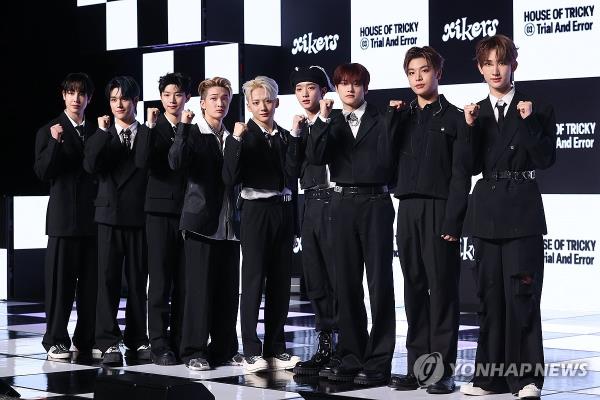 K-pop boy group xikers pose for photos during a media showcase for its upcoming third EP, 