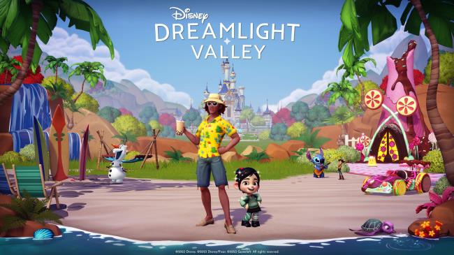 Disney Dreamlight Valley loading screen showing an avatar holding a boba tea standing next to Vanellope on a beach with the Dream Castle in the background.