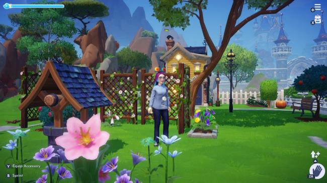 Disney Dreamlight Valley avatar wearing a Pixar themed spirit jersey and Mickey Mouse ears headband in gold with red center star and blue edges on the ears. House and Dream Castle in the background and a pink flower in the foreground.