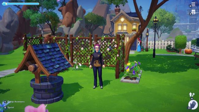 Disney Dreamlight Ultimate avatar wearing a Dream Castle themed black and gold shirt with Mickey Mouse ears headband in copper and light blue colors. House and Dream Castle in the background.
