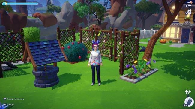 Disney Dreamlight Valley avatar wearing a white Mickey Mouse themed spirit jersey and blue and white-starred Mickey Mouse ears headband that come with the Standard founder's edition. Raspberry bush and house in the background.