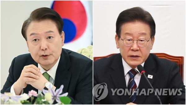 This compilation image shows President Yoon Suk Yeol (L) and Democratic Party leader Lee Jae-myung. (Yonhap)