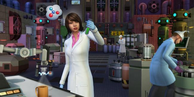 sims 4 get to work woman examining a vial in a lab scientist