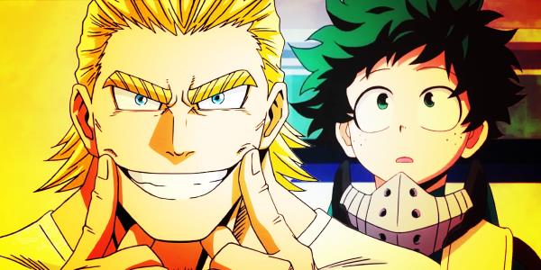 A collage featuring a young All Might and Deku from My Hero Academia