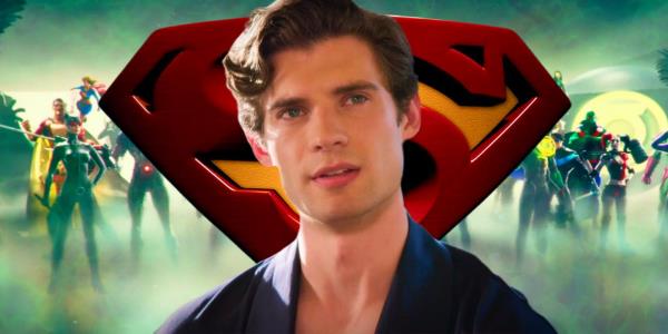 David Corenswet in front of the Superman logo and the intro for the DC Universe films