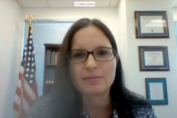 In this image from video provided by the U.S. Senate, Aileen M. Cannon speaks remotely during a Senate Judiciary Committee oversight nomination hearing to be U.S. District Court for the Southern District of Florida on July 29, 2020, in Washington. 