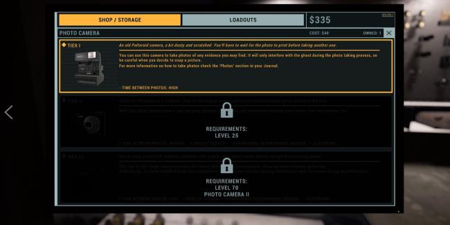 The Phasmophobia photo camera upgrade screen displaying required levels